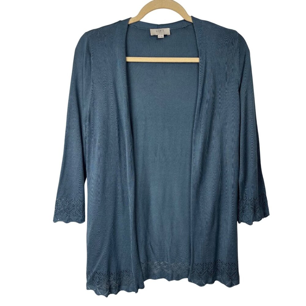 Ann Taylor Loft MP Outlet Petite Open-Front Blue Cardigan With Lace Trim 3/4 Sle